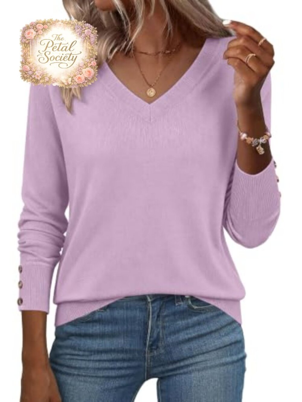 Women's Long Sleeve V Neck Lightweight Knit Pullover Sweater